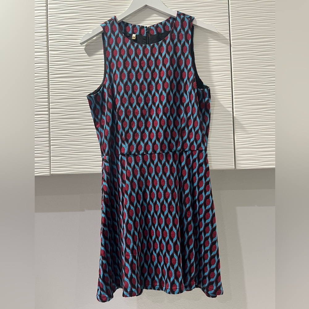 Anthropologie 4C Geometric Patterned Sleeveless Mod Shift Dress Red Blue Black L